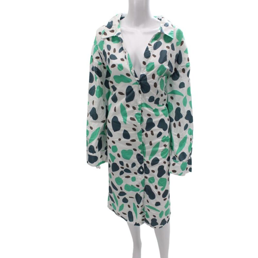 Wray Women Shirt Dress Green Animal Print Cotton Long Sleeve Mid Calf Size 3XL